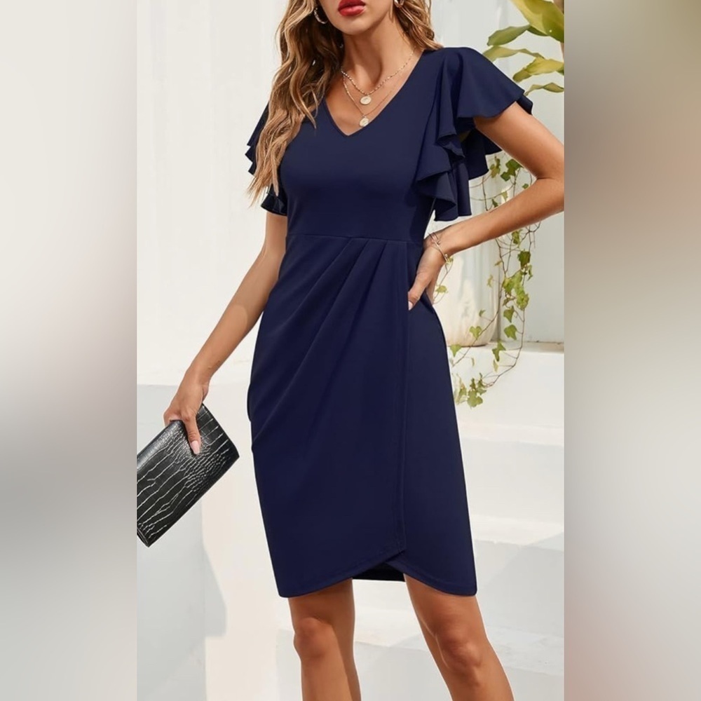 iHot Faux Wrap Ruched Front Ruffle Sleeve Dress